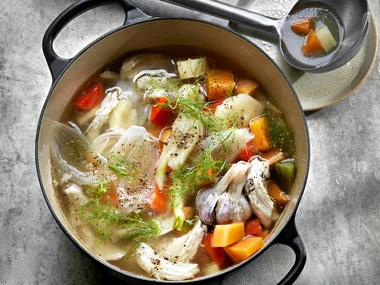 Whole poached chicken soup.