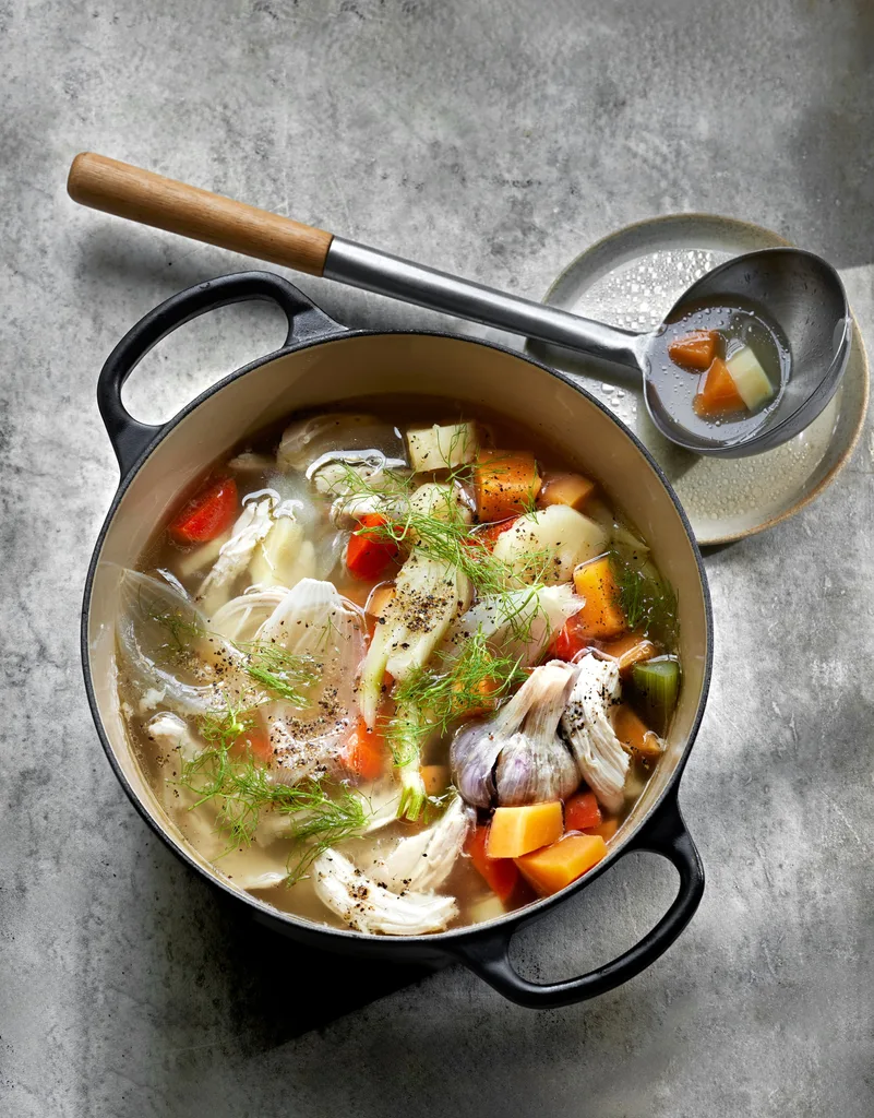 Whole poached chicken soup.