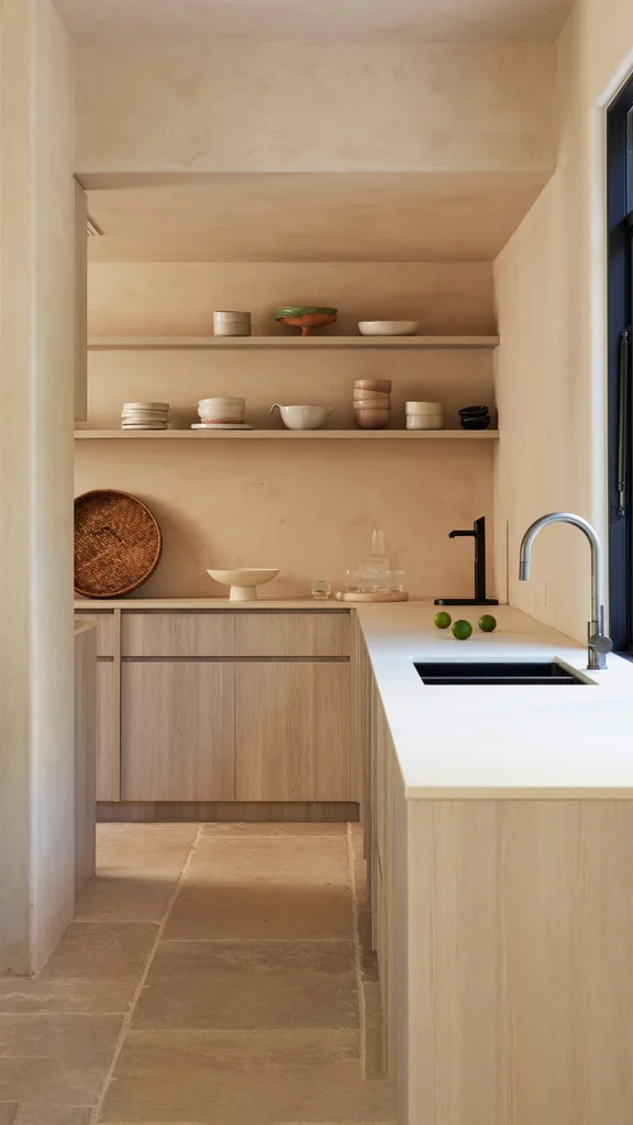 A kitchen, which leads into a butler's pantry, with a curved kitchen mixer tap positioned next to a sink and open shelves on the walls, where pottery is displayed.