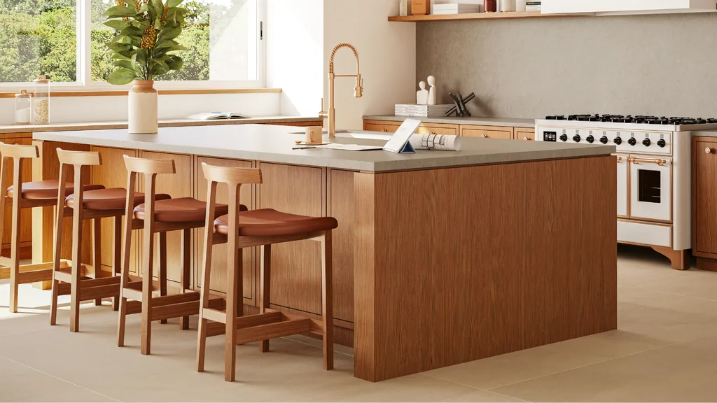 A kitchen with hues of orange and brown
