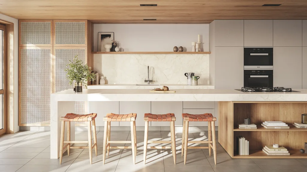 A warm looking kitchen with a white porcelain benchtop