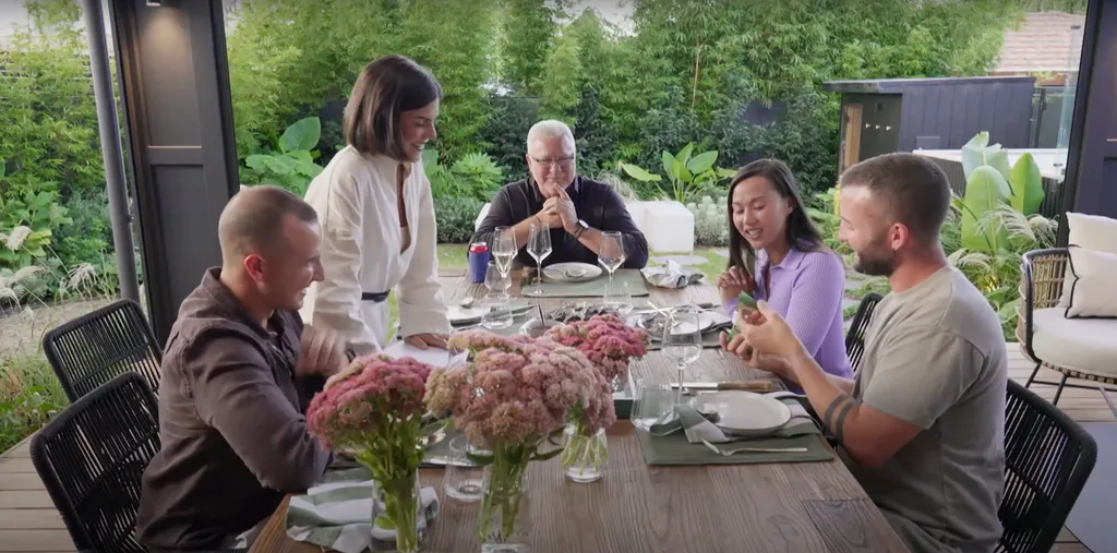 Steph and Gian at dinner with Mimi and Kristian on The Block 2024