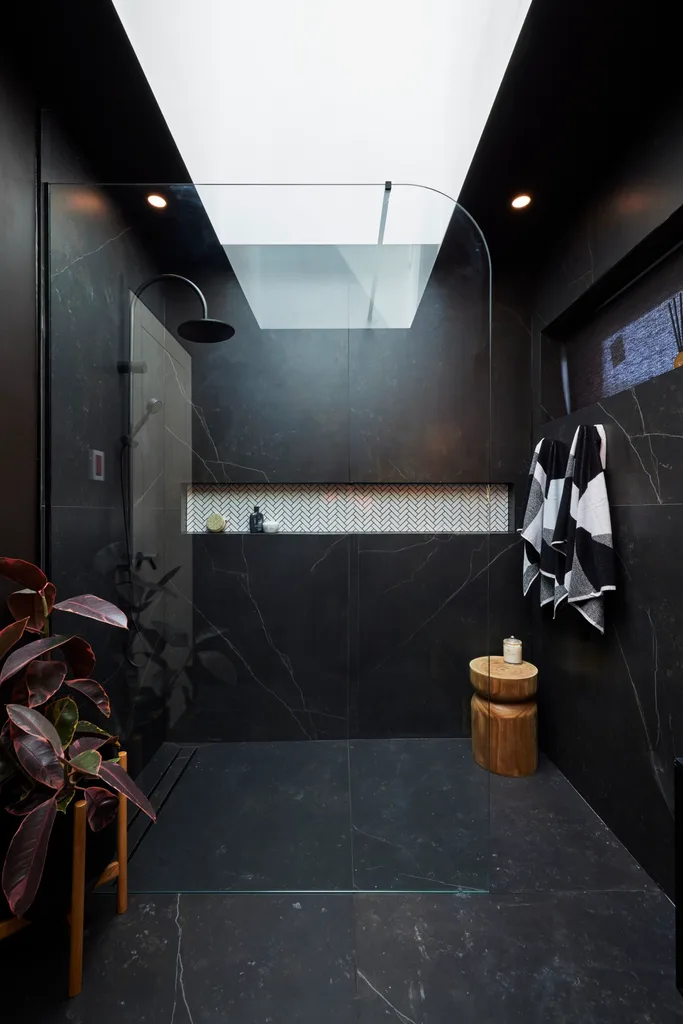 The Block 2024's Kylie and Brad's black bathroom with shower