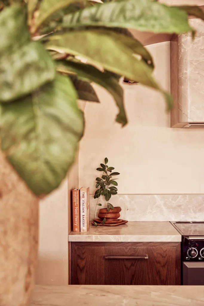 Natural style stone benchtops and timber joinery.