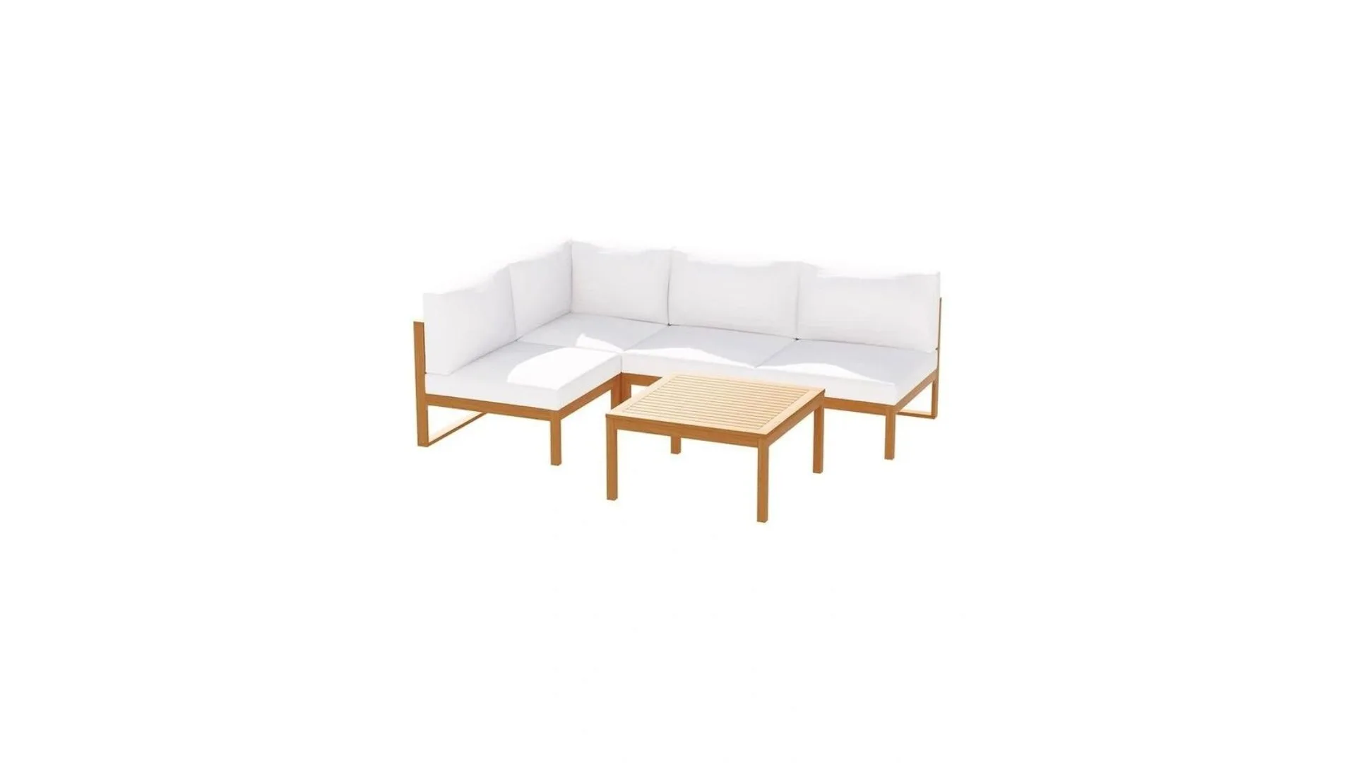 Wooden and white cushioned outdoor sofa set with coffee table