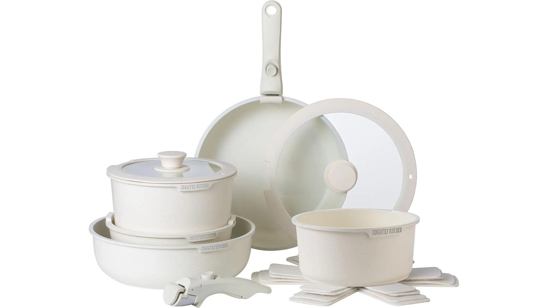 Detachable handle cookware in cream