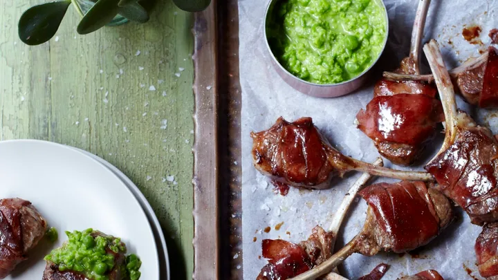 Prosciutto-wrapped lamb cutlets with pea puree