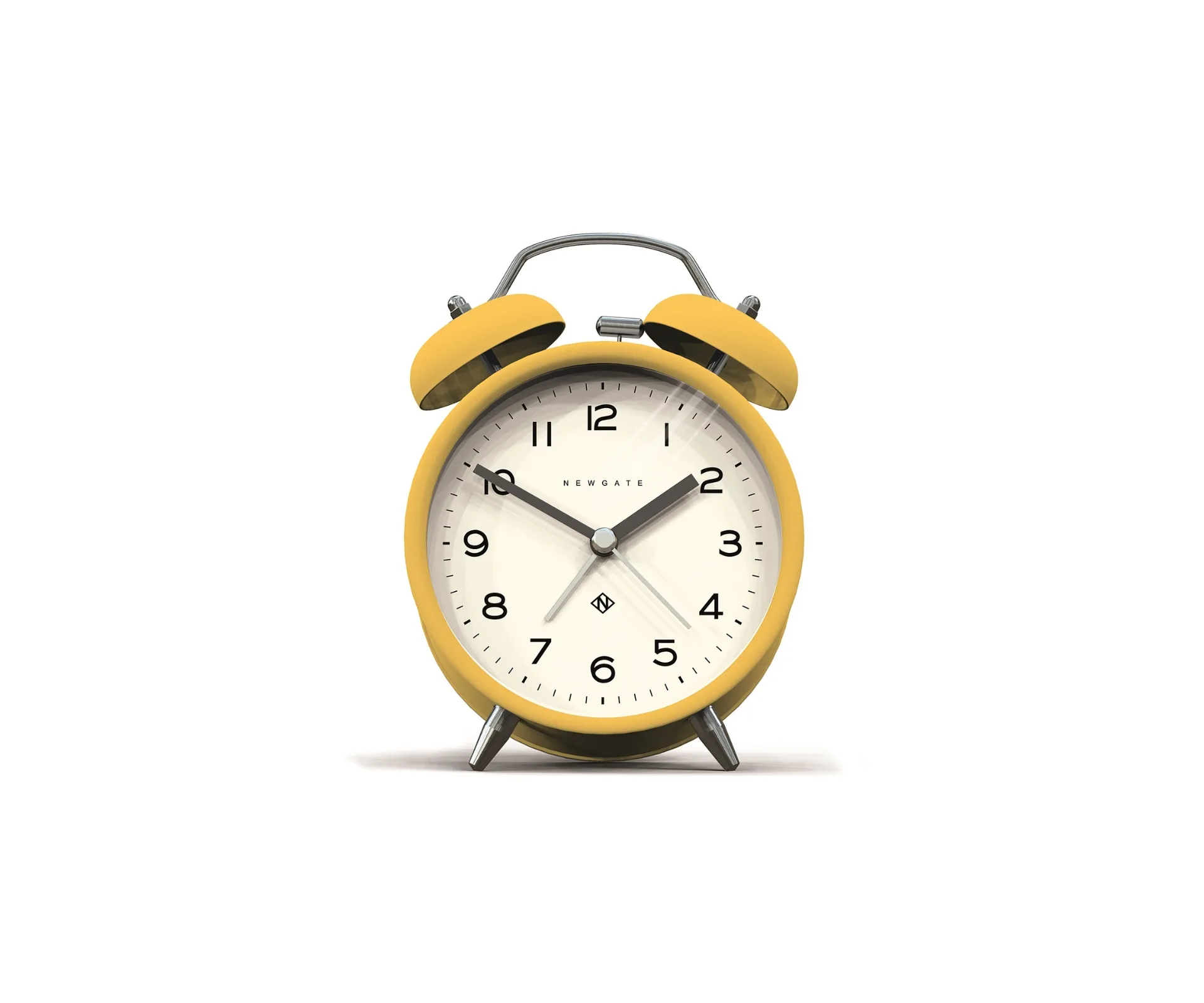 yellow alarm clock with bell ears and clear black analog numerals