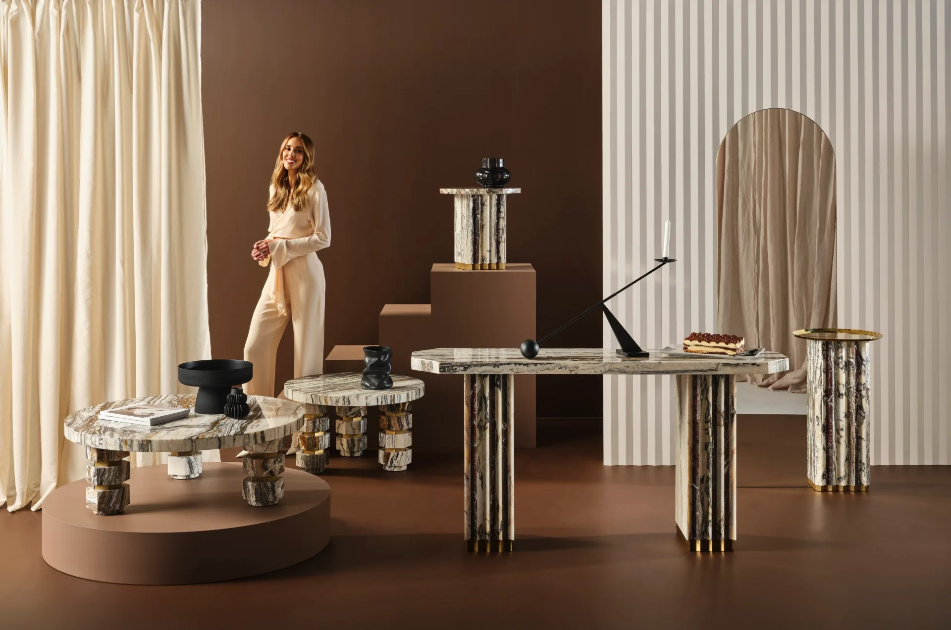 Bec Judd with her Trit House tiramisu marble collection in a studio