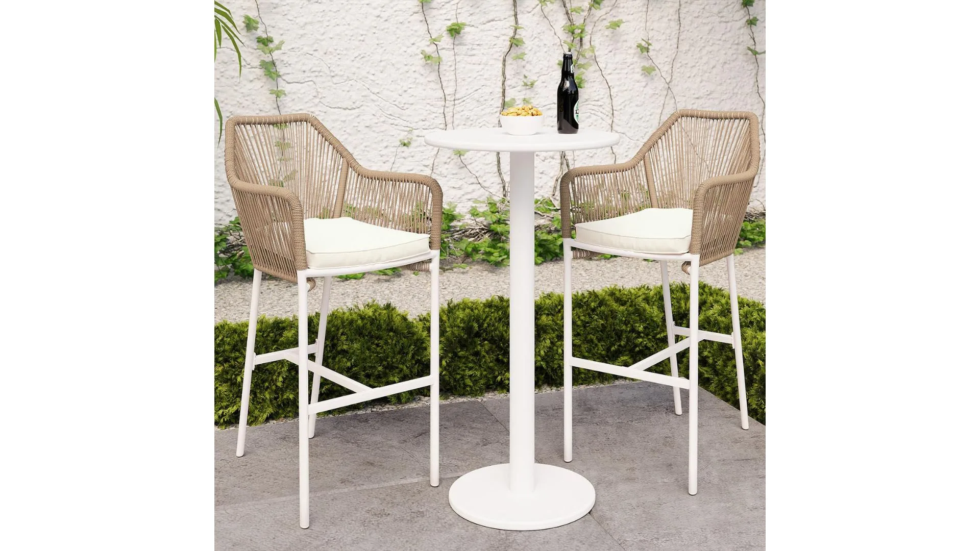 Hamptons style furniture with two bar stools and one white bar table