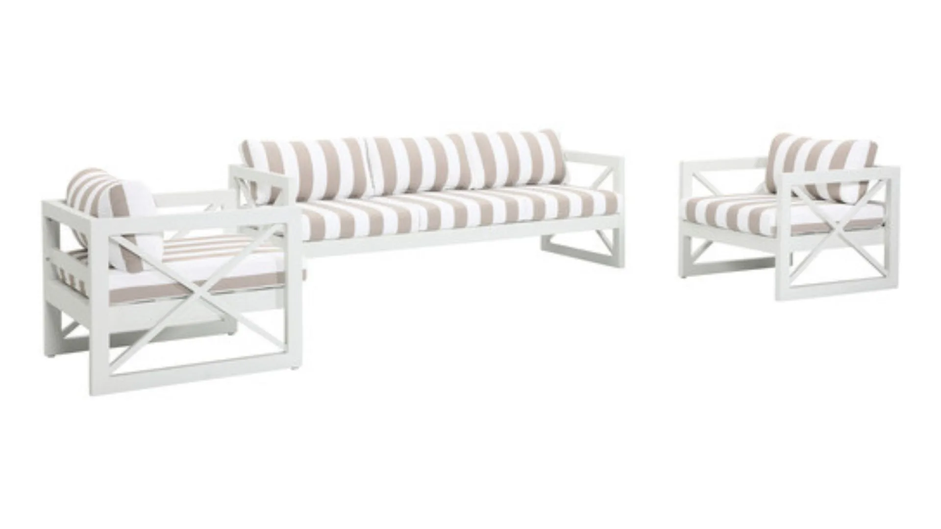 Hamptons style furniture safe for outdoor use with white frame and striped cushions