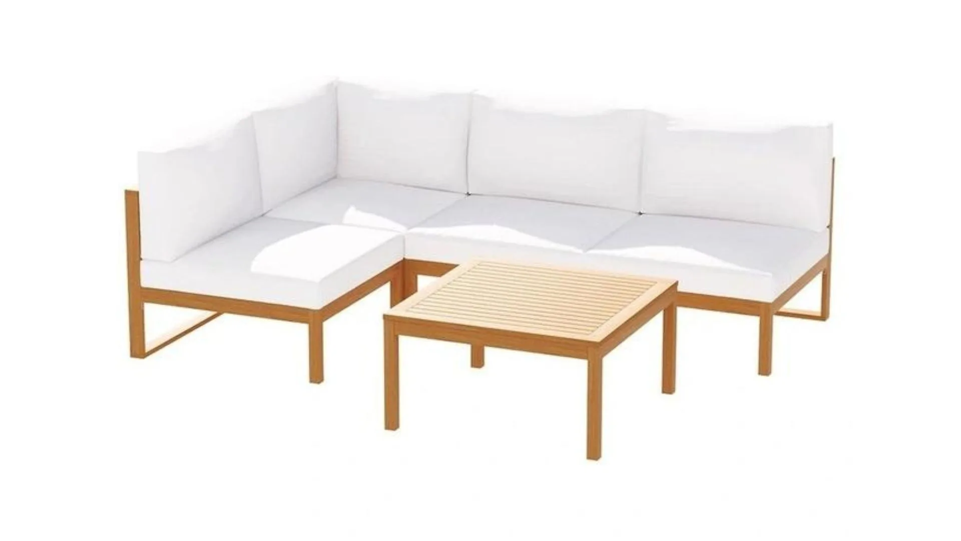 Outdoor sofa set with wooden frame and white cushions, plus wooden coffee table