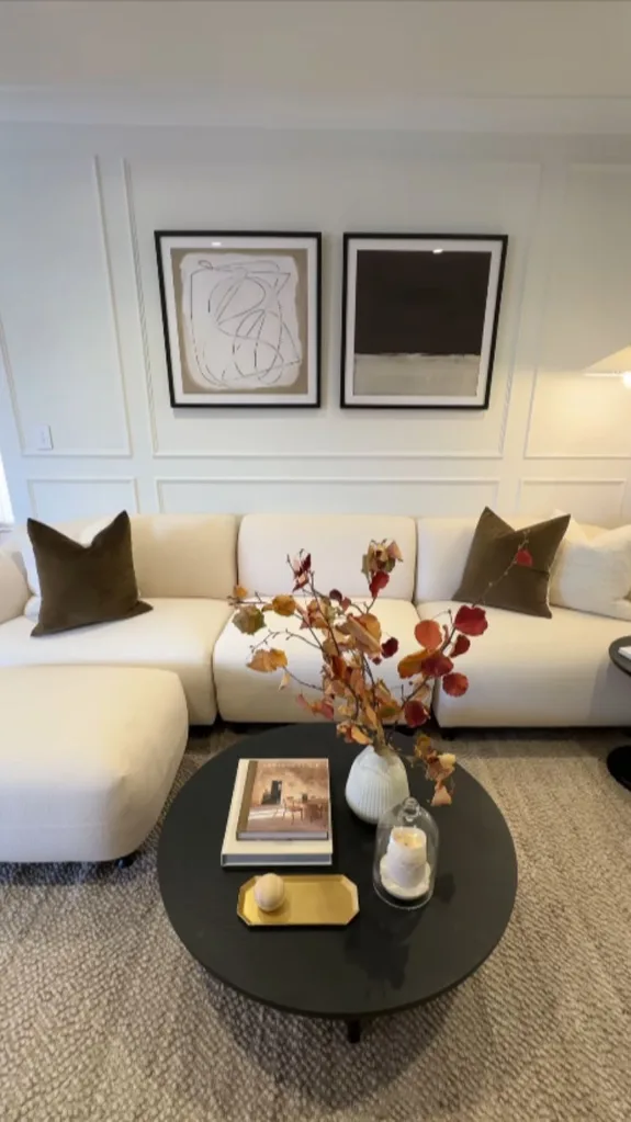 A boucle sofa in a living room.