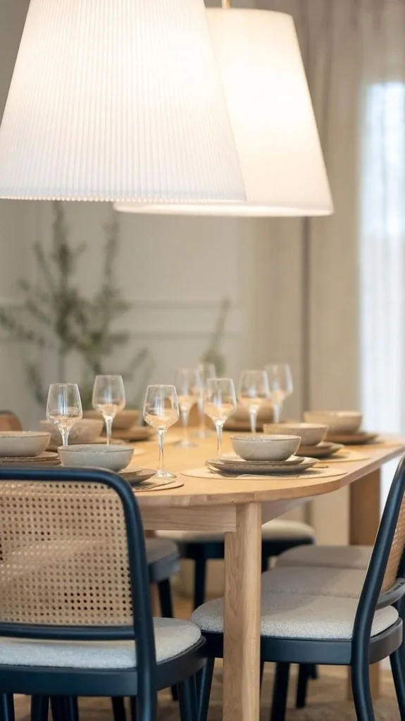 A dining table with statement pendant lights.