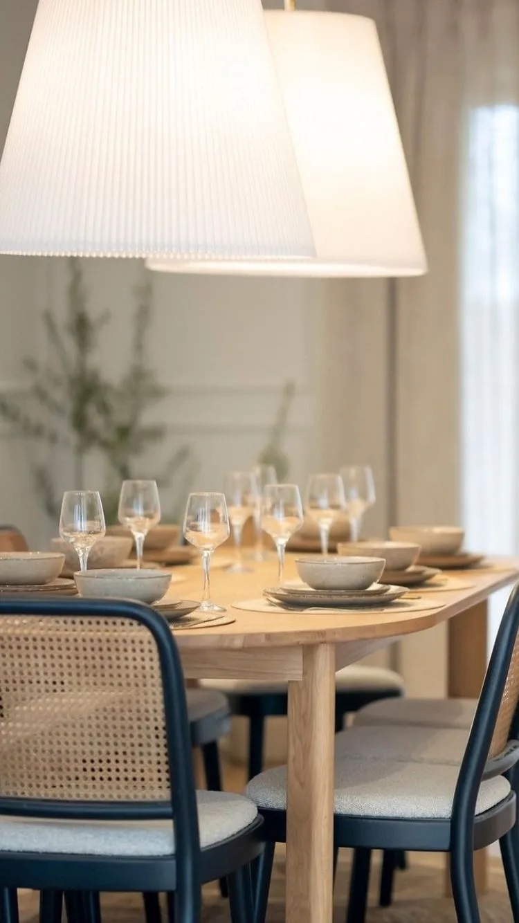 A dining table with statement pendant lights. 