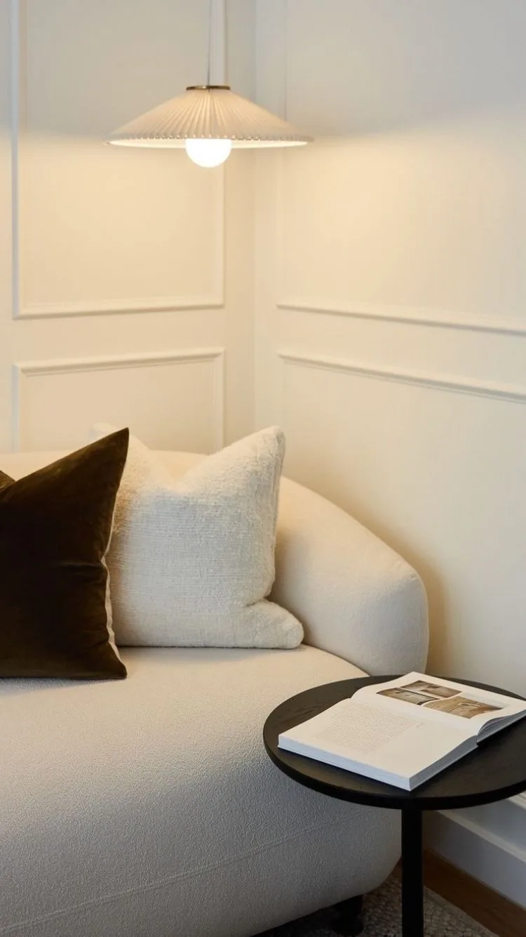 A boucle sofa and overhead light. 