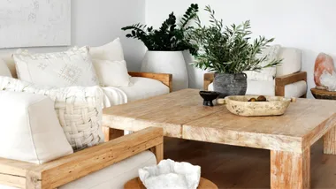 A timber coffee table styled with a vase of greenery and bowls of different sizes.