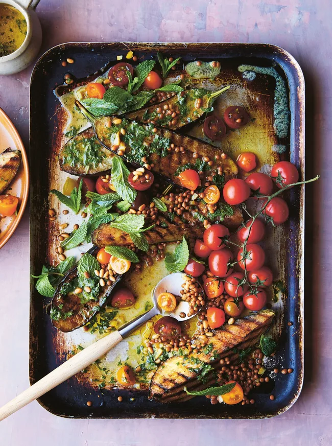 Grilled eggplant and lentil salad with lemon mint dressing.