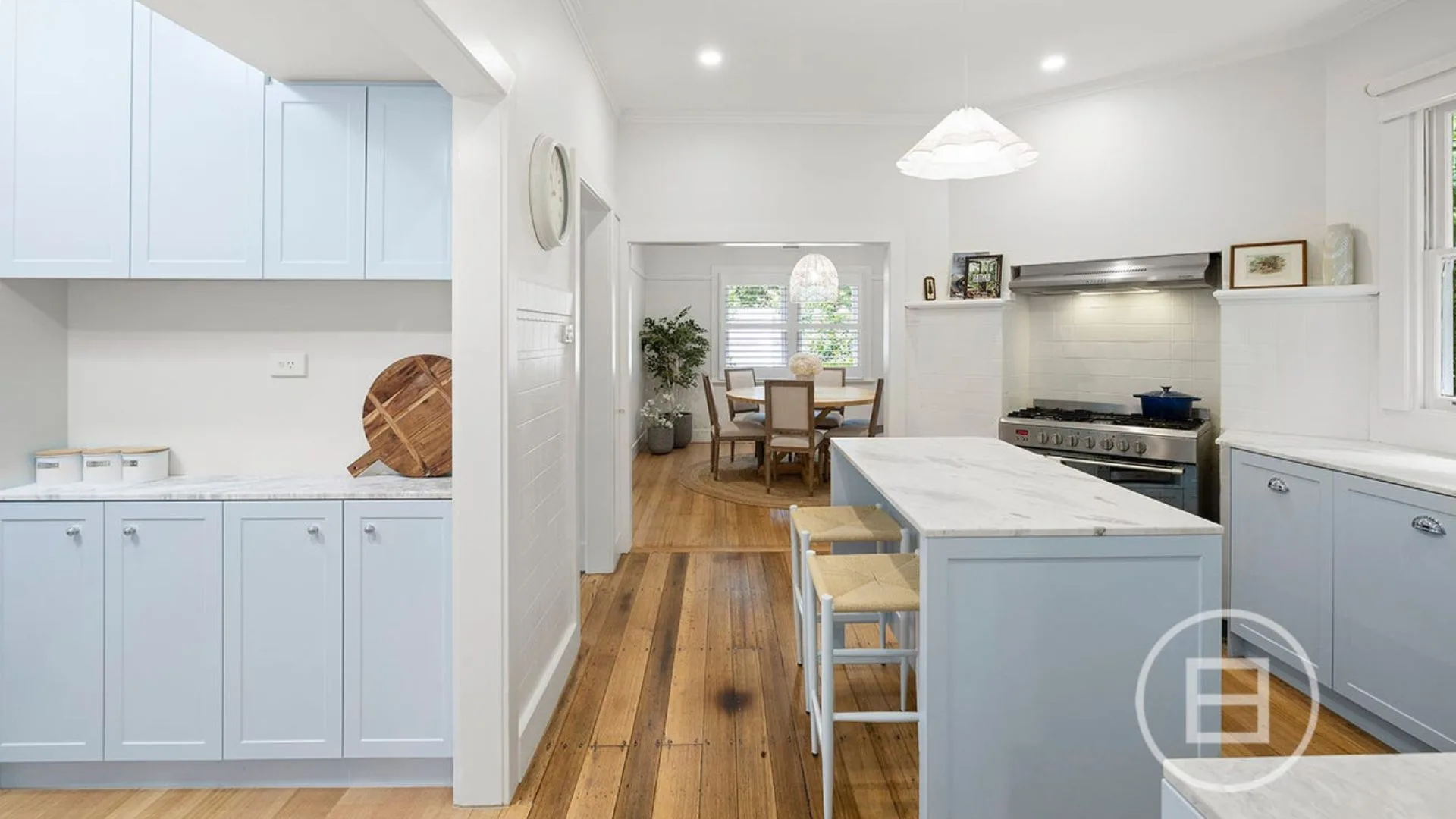 The blue kitchen in Marty Fox's Mornington Peninsula home.
