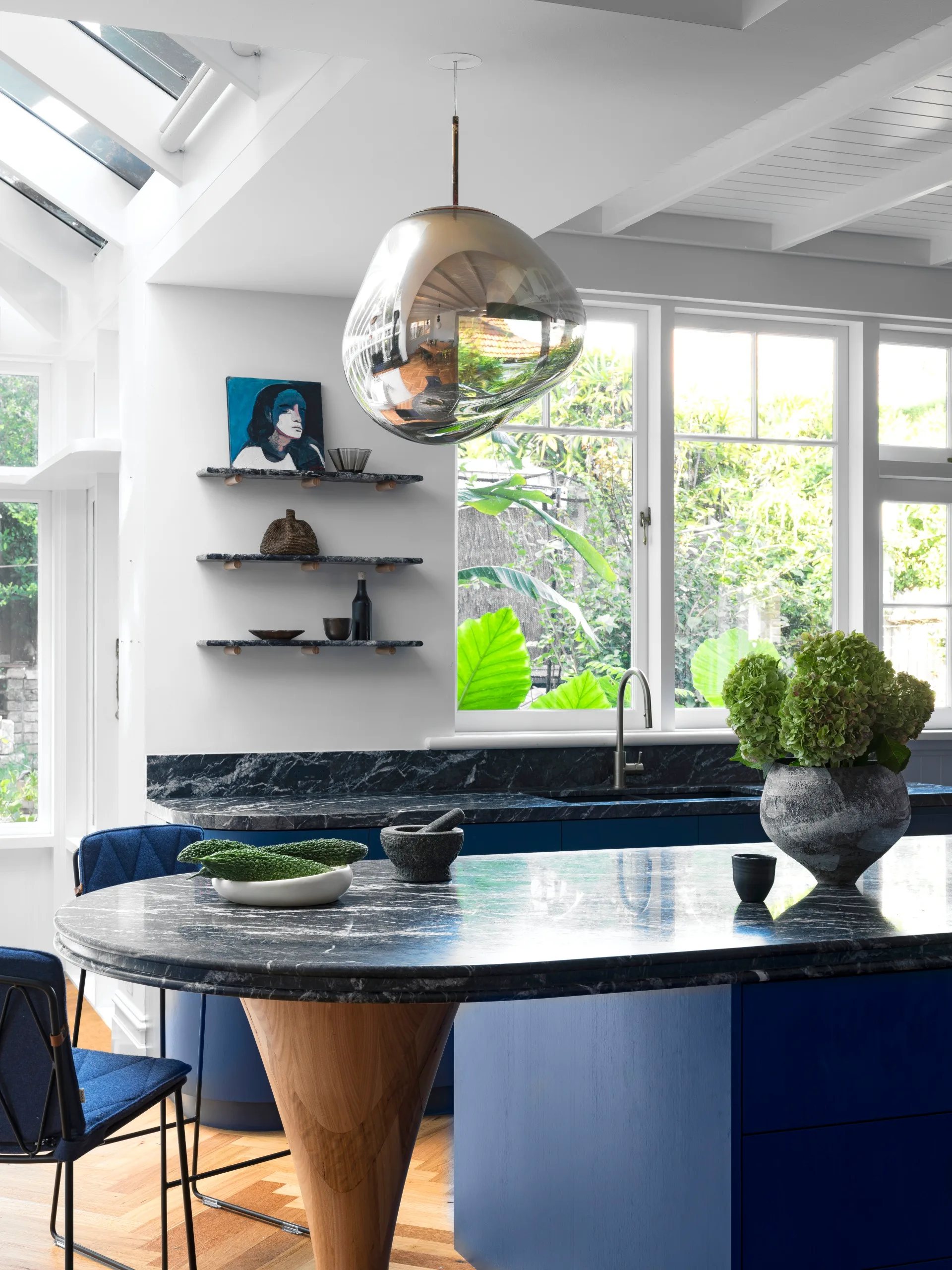 Blue kitchen bench. 