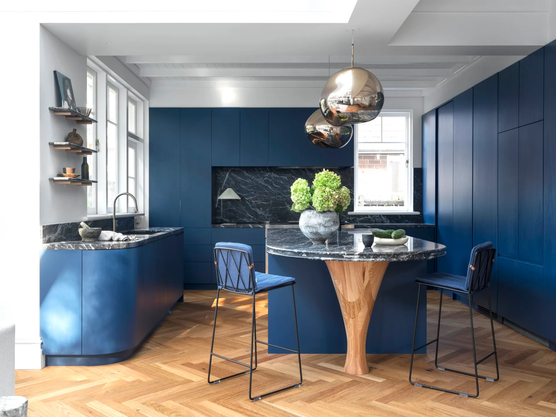 A blue kitchen.