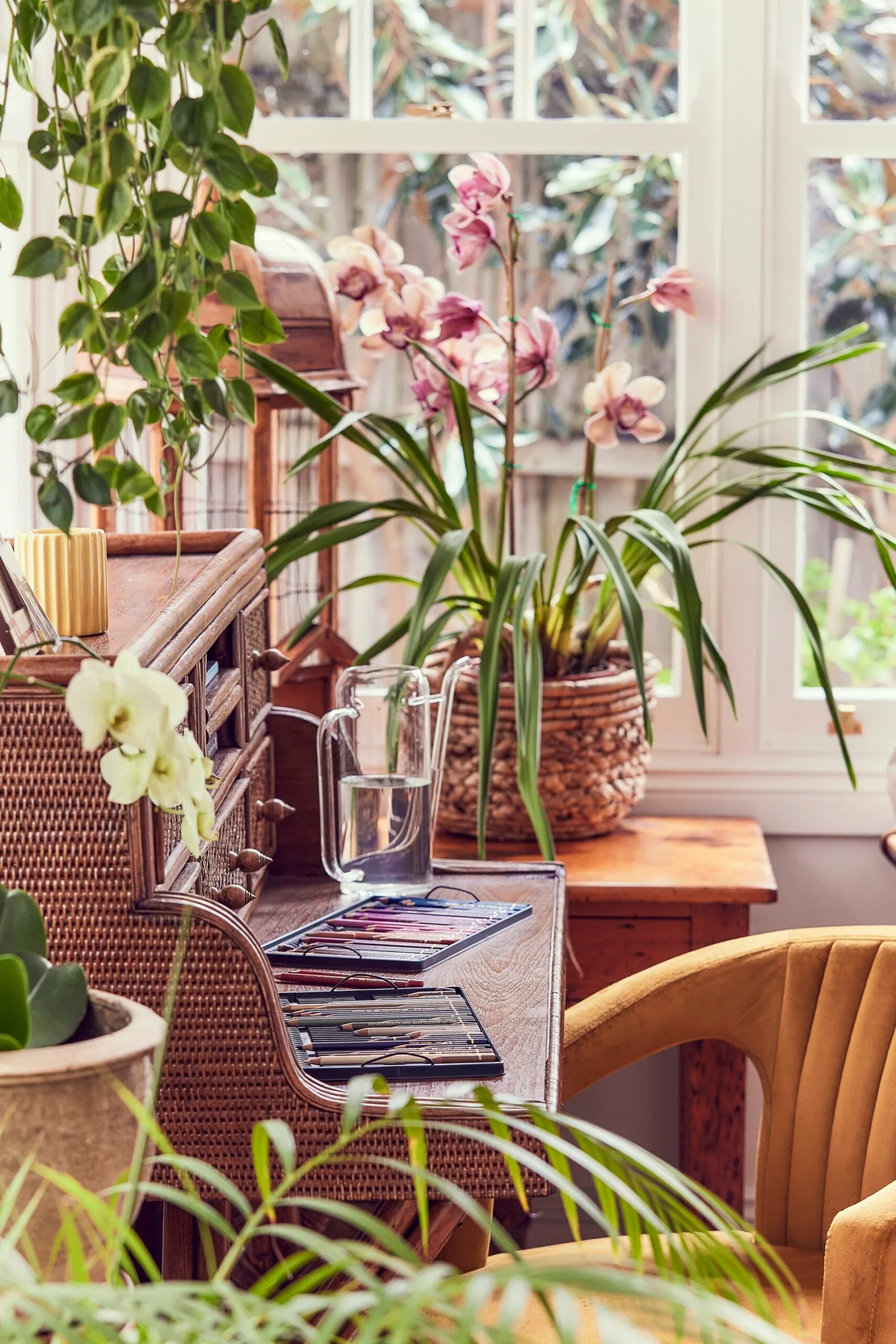 A yellow chair is positioned next to a rattan desk with lots of green plants around.