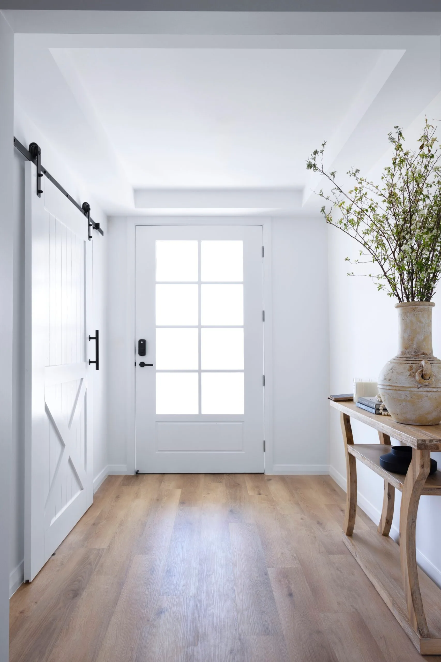 The entryway of an American barn style home. 