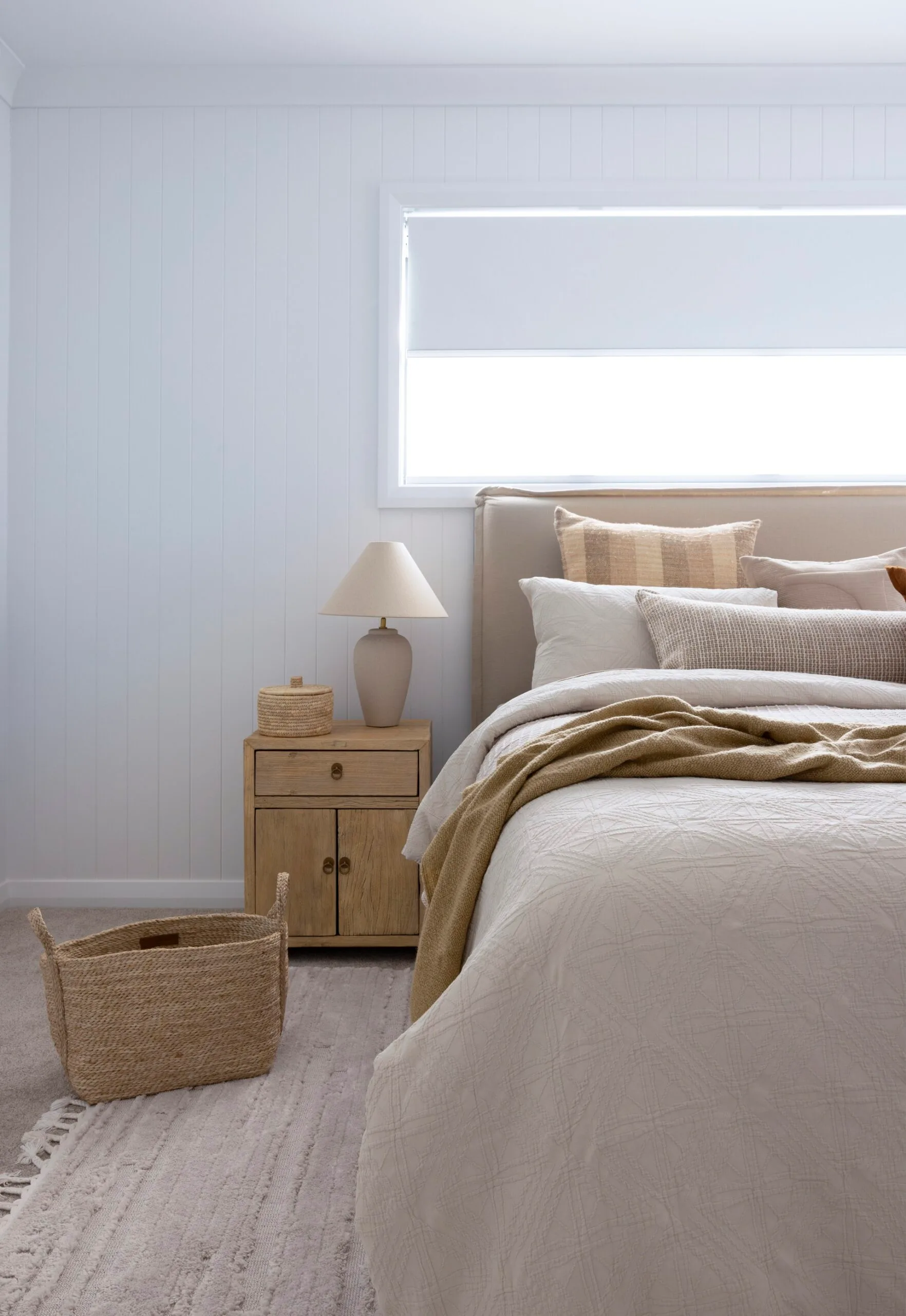 Soft pink and neutral bedroom. 