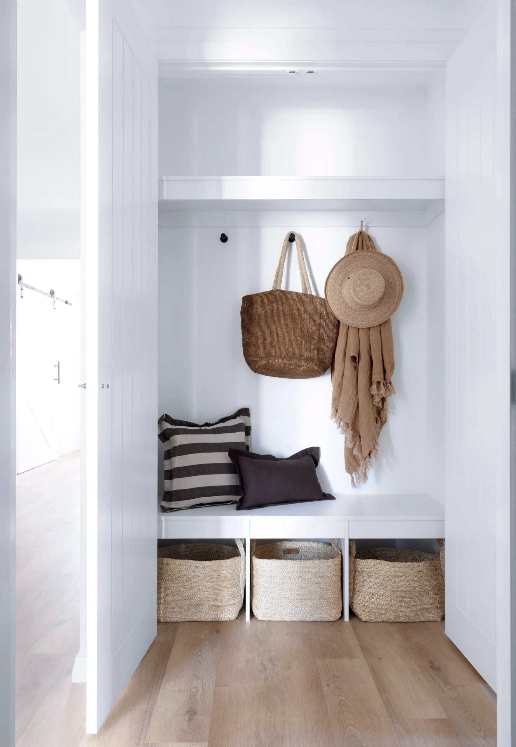 The entryway of an American barn style home.