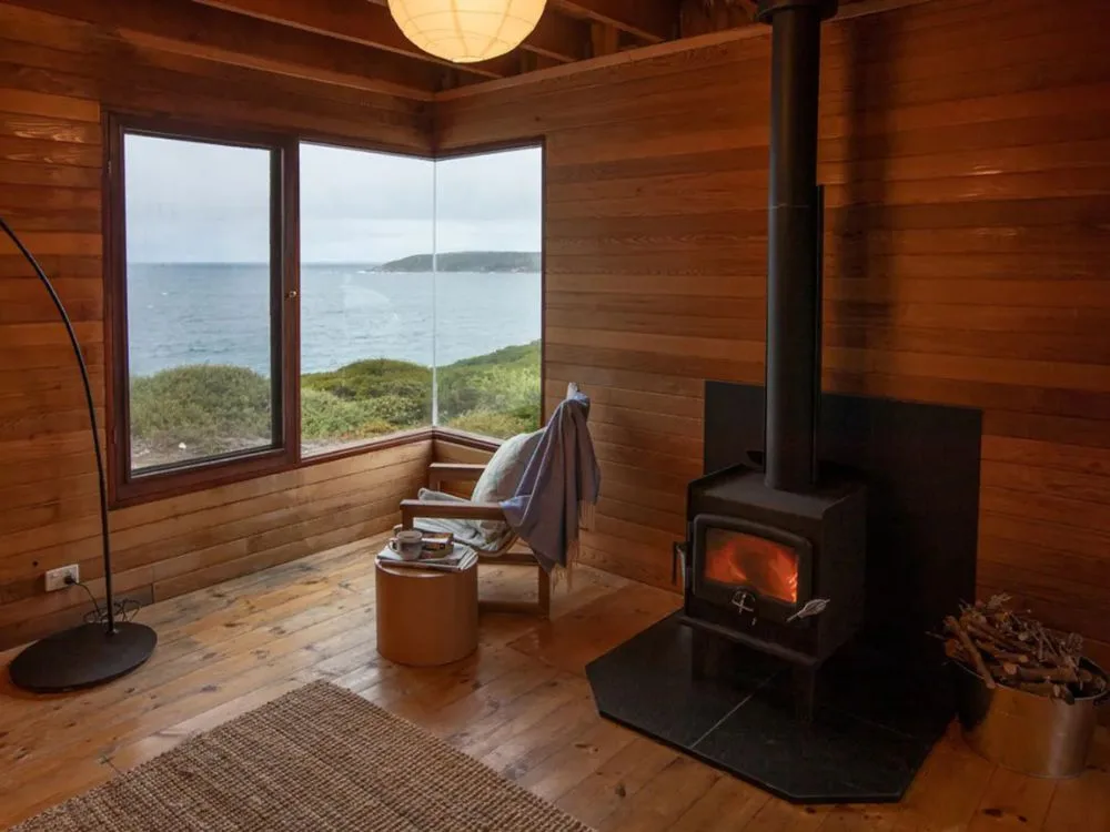 Timber lined interiors of a beach house.