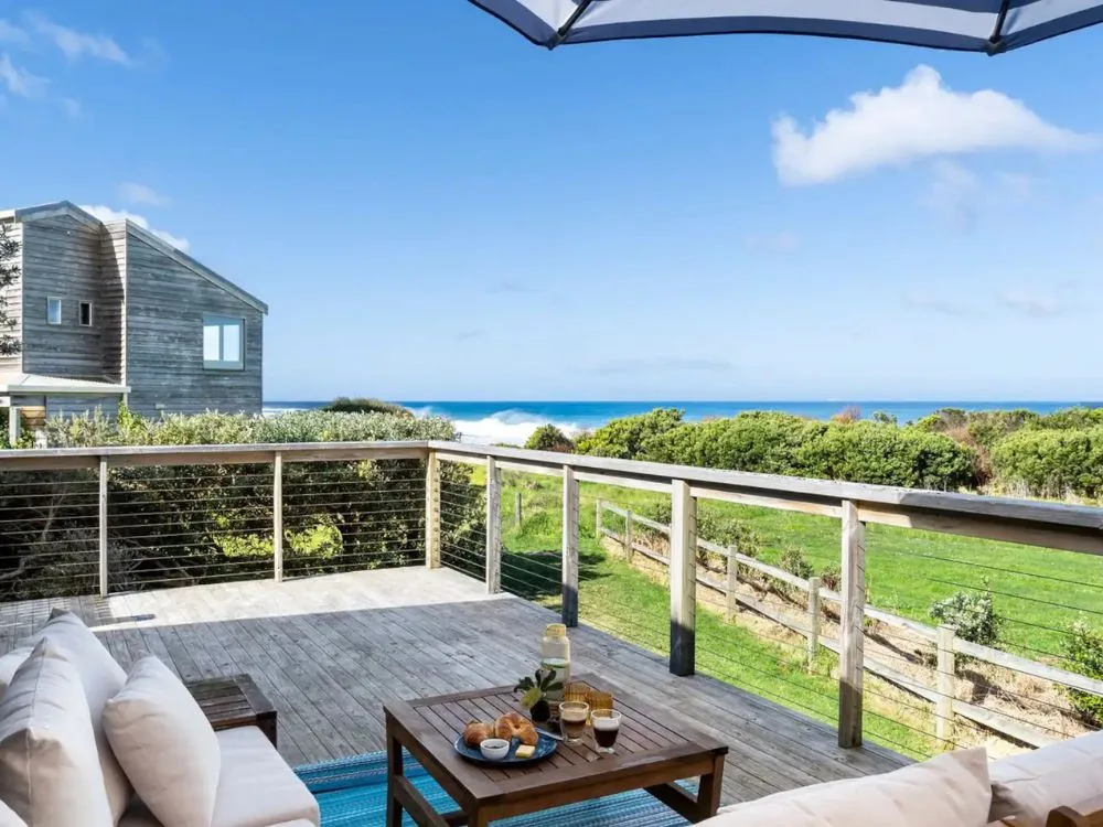 The deck of a beach house. 