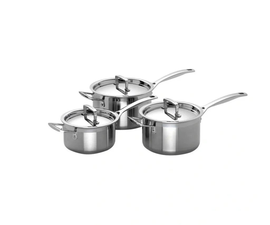 Stainless steel saucepan set.