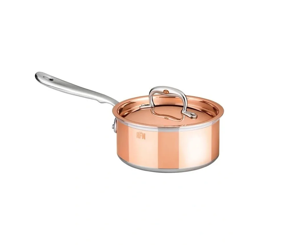 A copper saucepan.