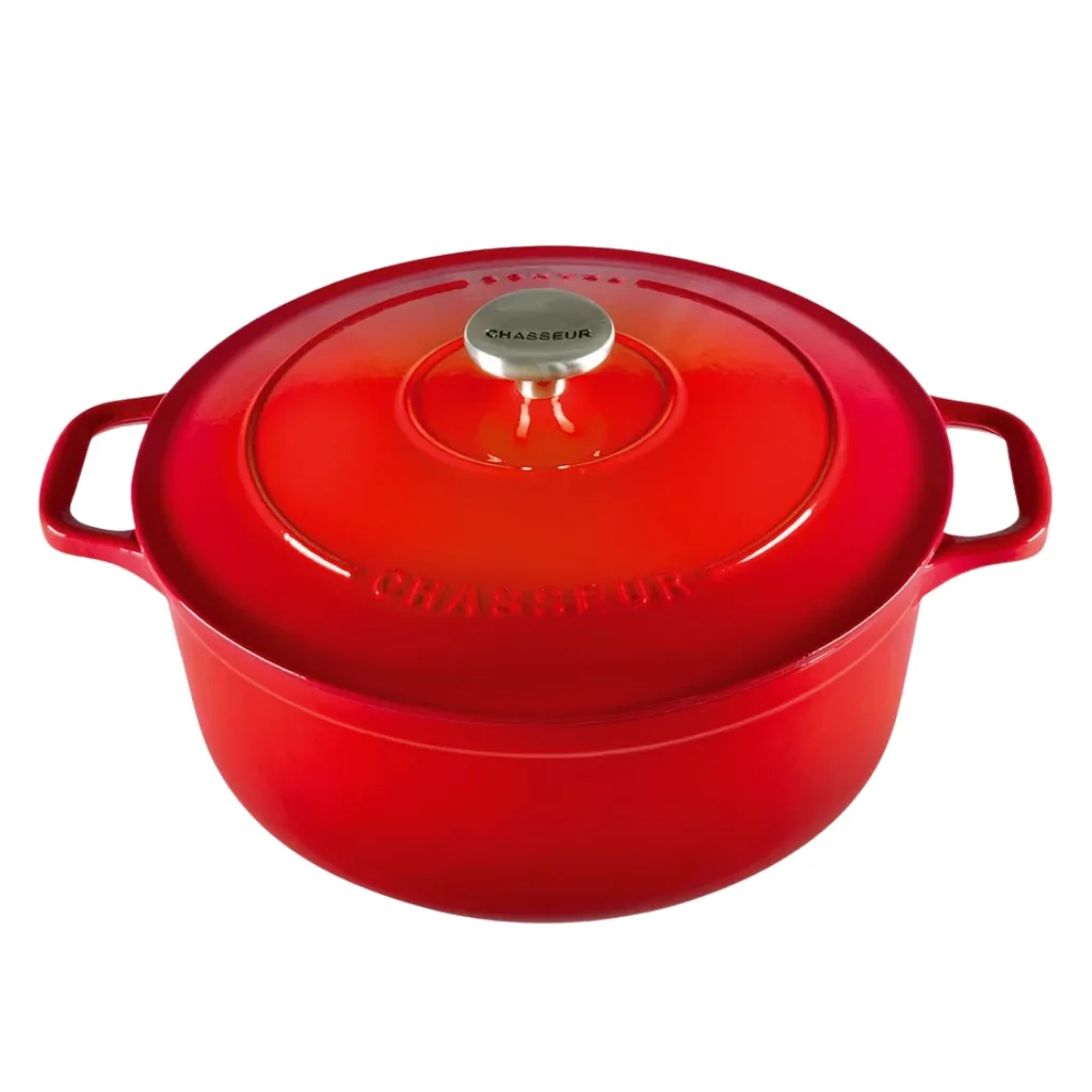 chasseur cast iron casserole pot in bright red