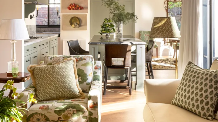 A sunny kitchen and living area.