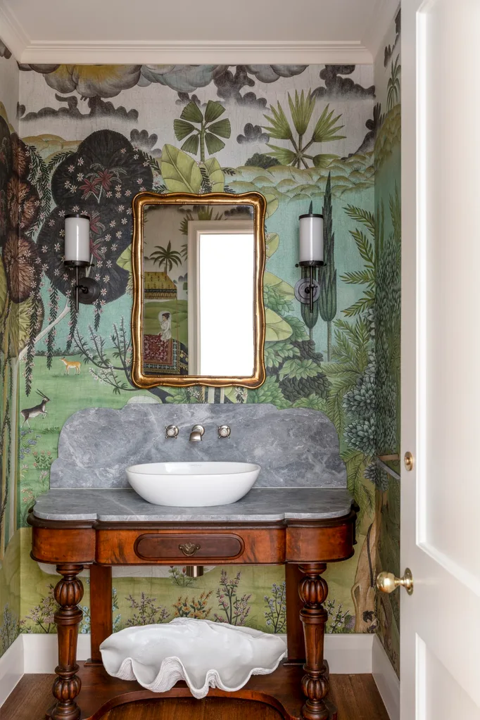 A patterned powder room in South Yarra.