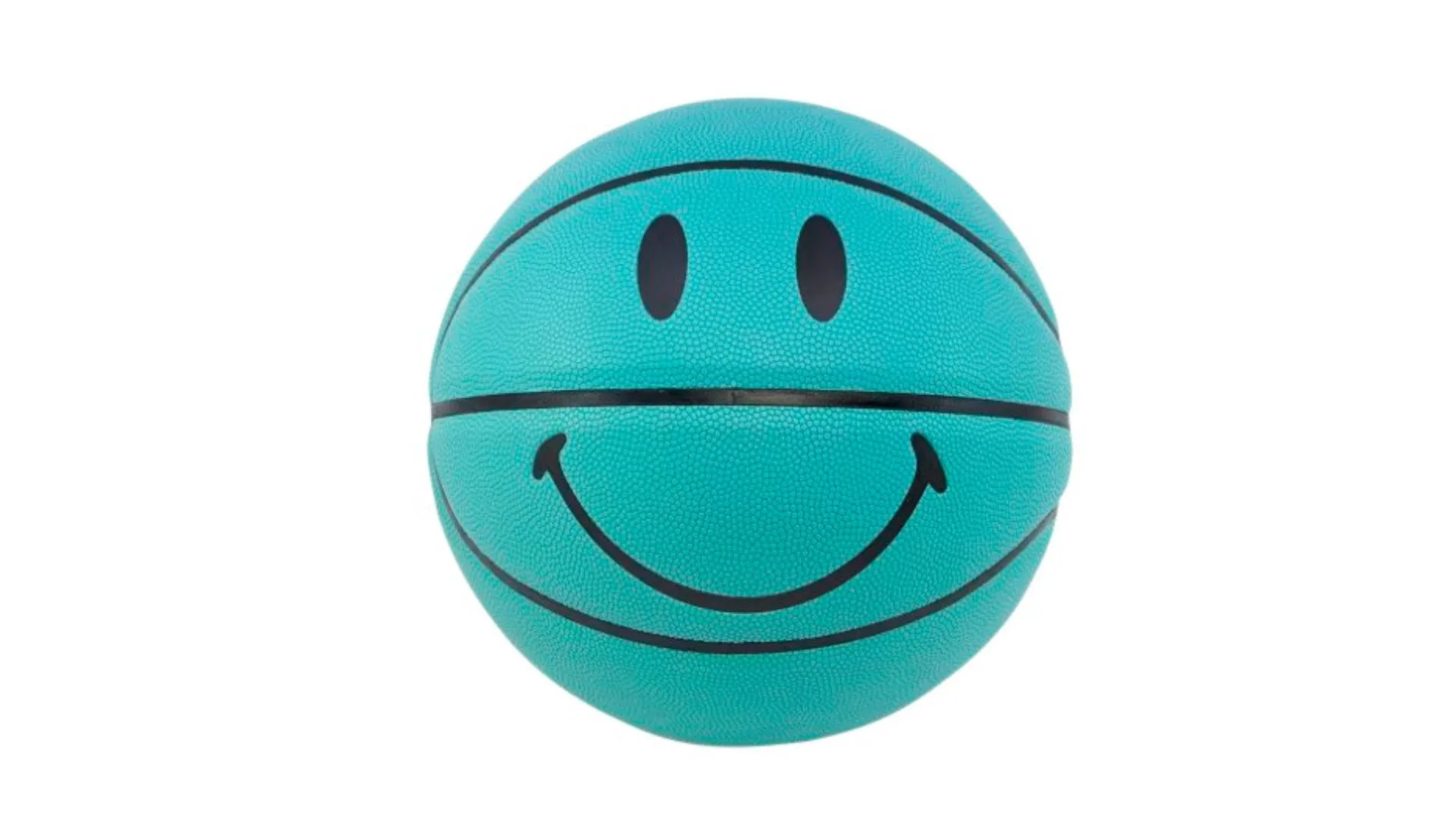 A teal basketball with a smiley face on it