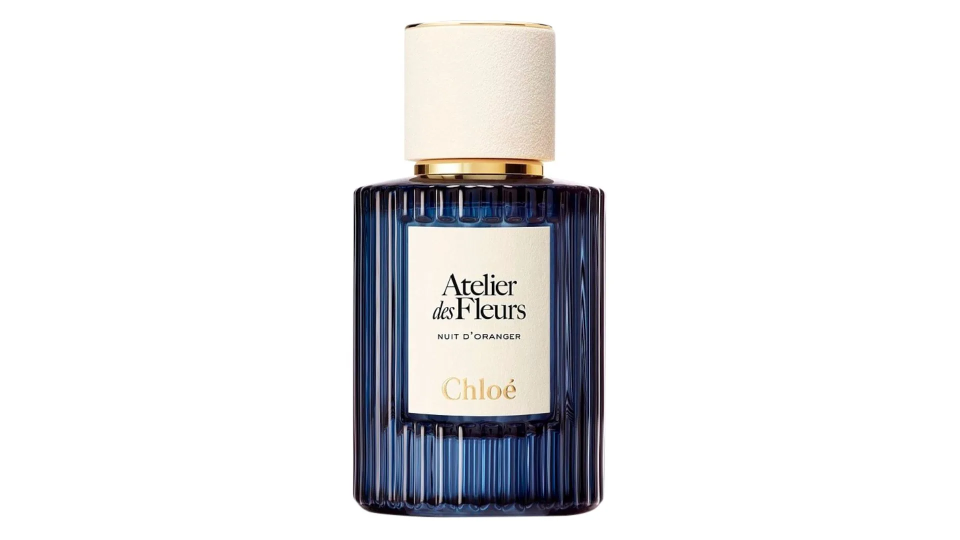 Perfume in a blue bottle with a cream lid