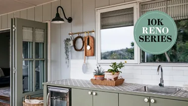 Home Beautiful $10k renovation series outdoor kitchen ideas provincial farmhouse Kaboodle kitchen cabinetry