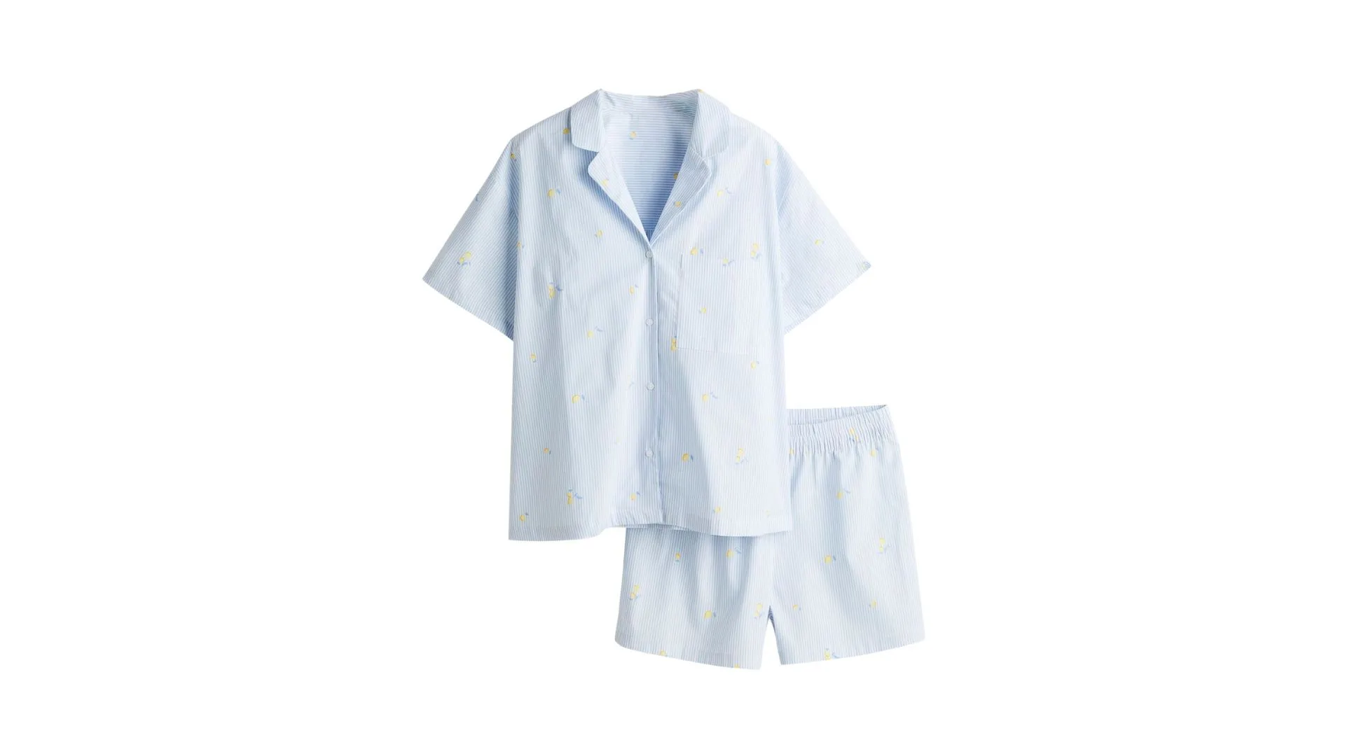 Blue and white button down pyjama top and matching pyjama shorts