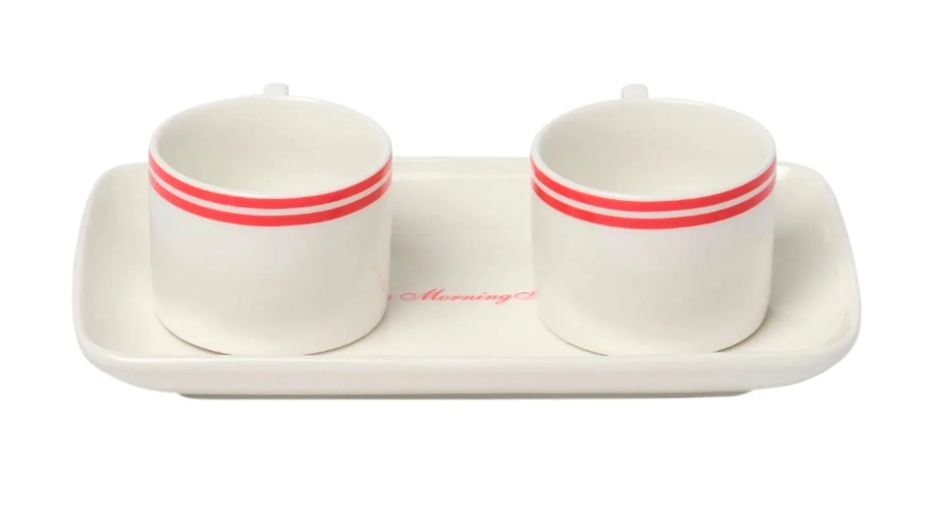 A white tray with two white mugs on it. The mugs have two red stripes around the top of them.