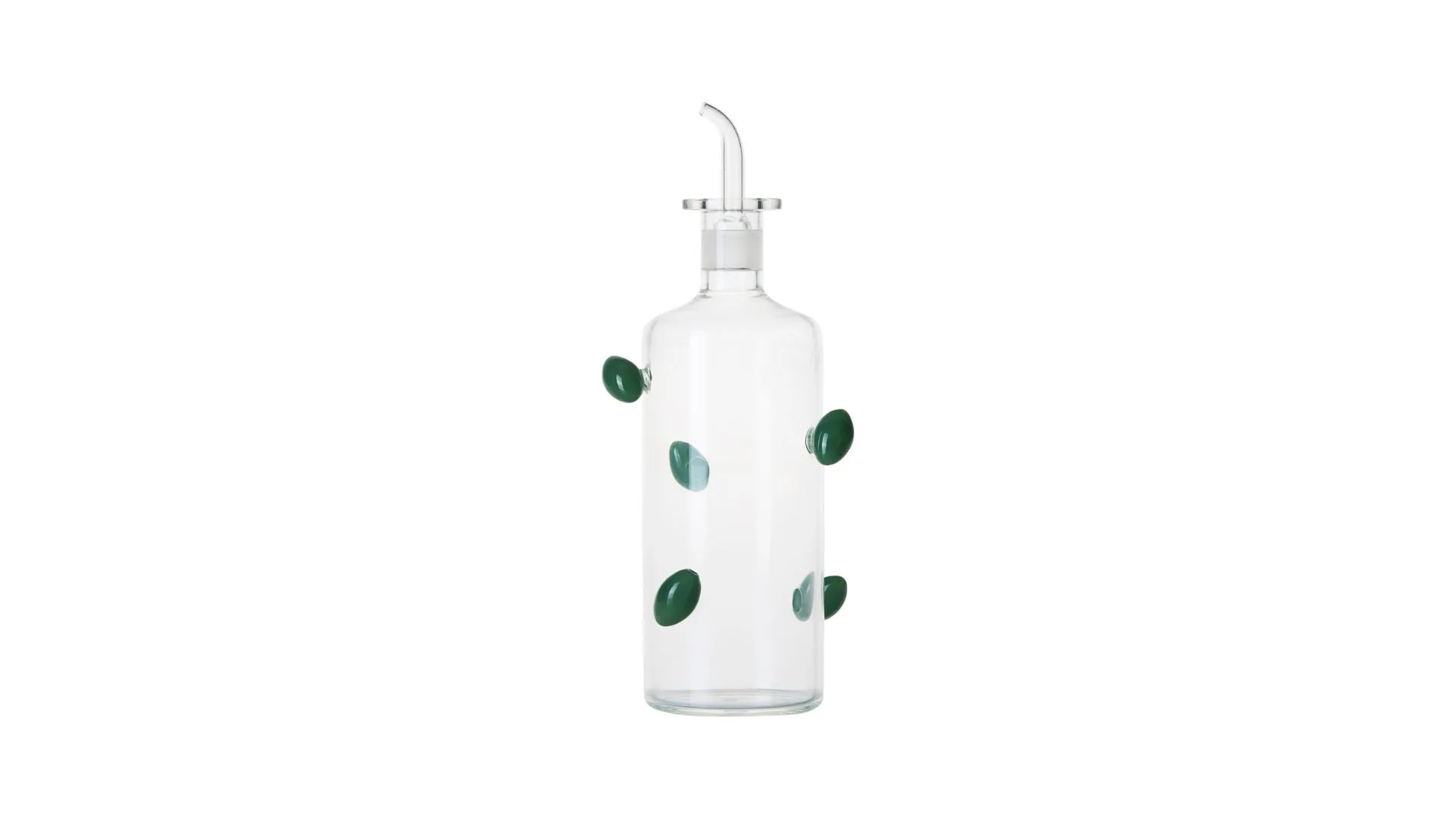 A glass bottle with glass 'olives' protruding from the sides, perfect for storing olive oil and adding to your life of Christmas gift ideas