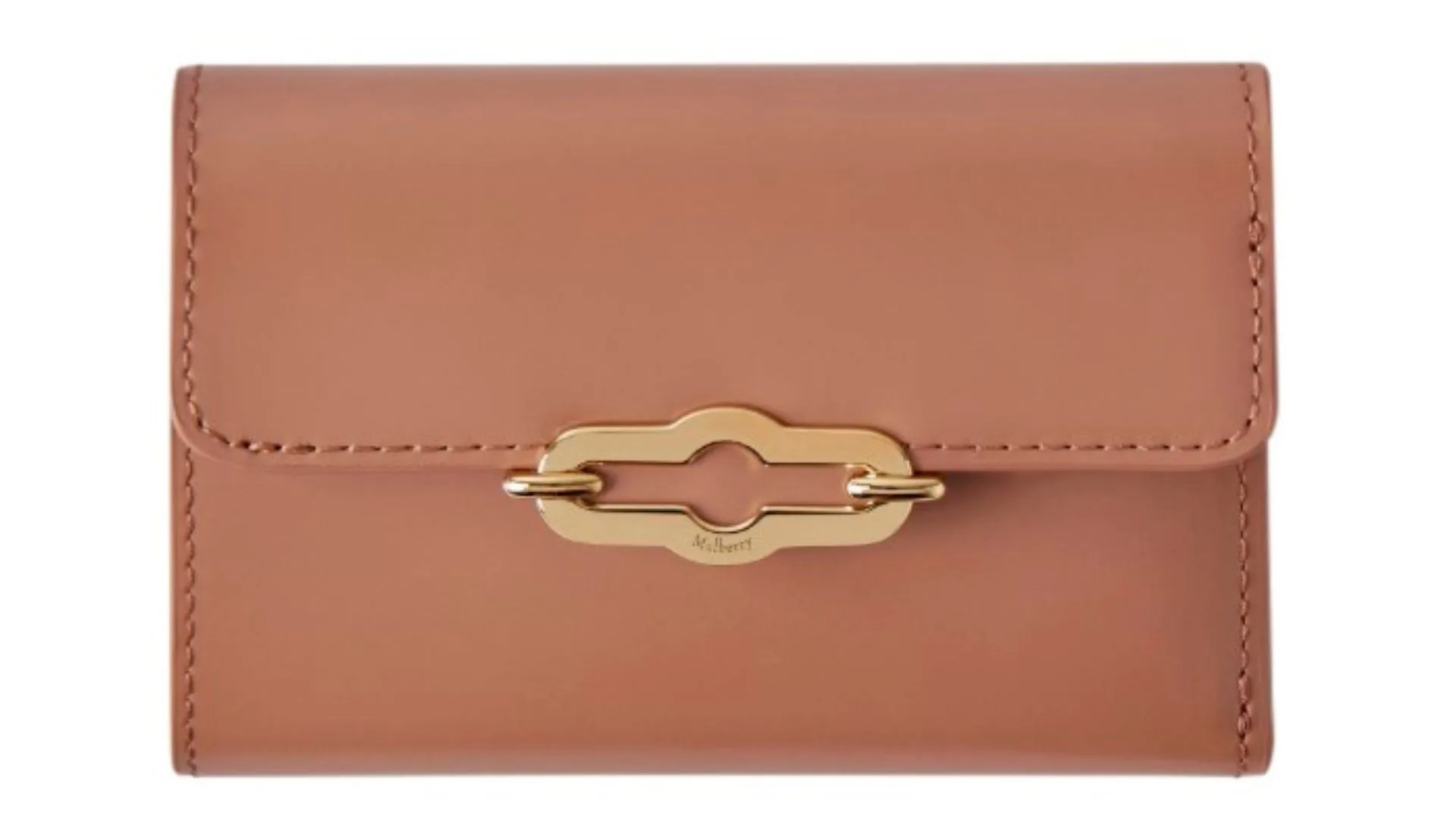 A brown leather wallet with a gold clasp