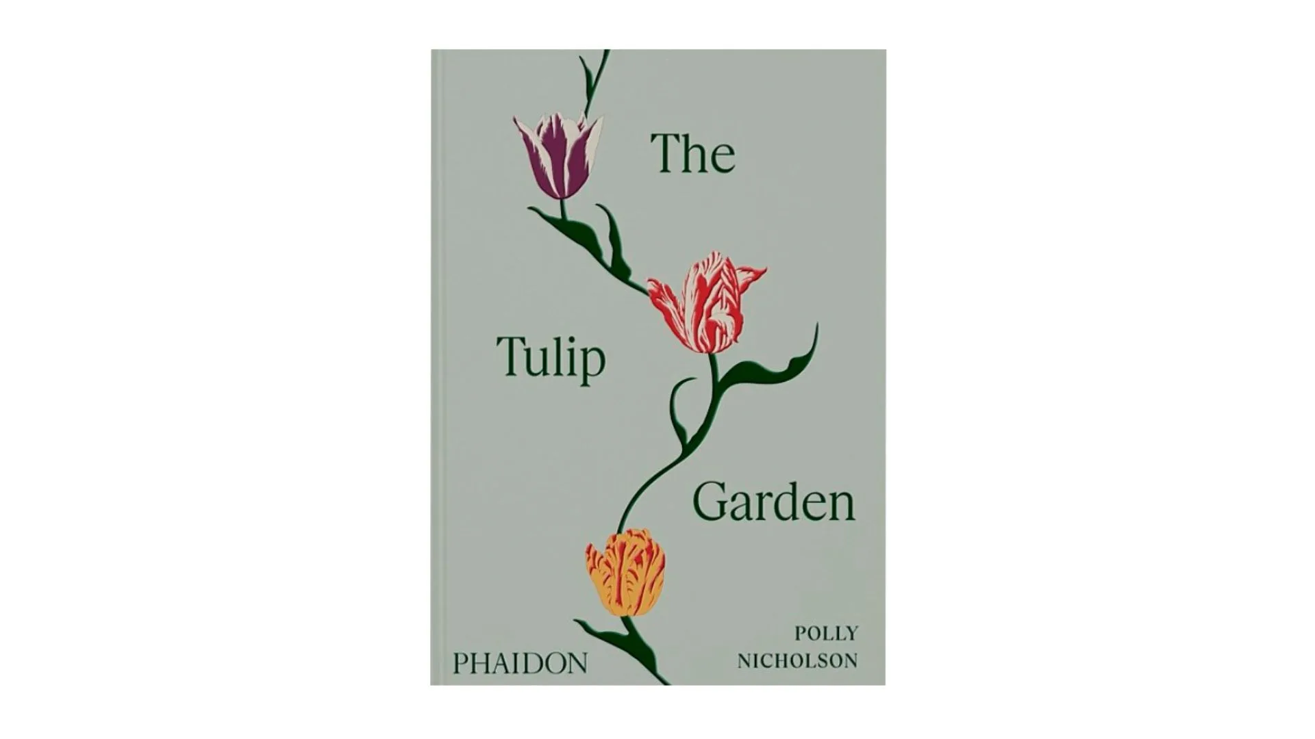 A hardcover book that is green, with three tulips on the front cover
