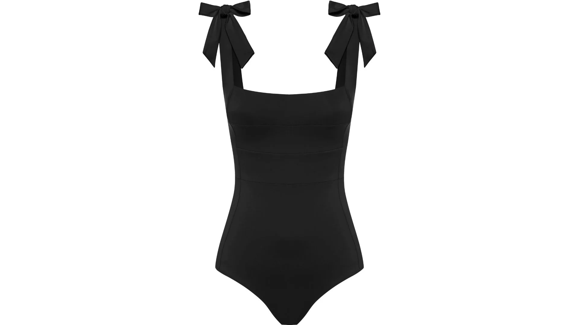 A black one piece swimming suit with a bowl on each shoulder strap