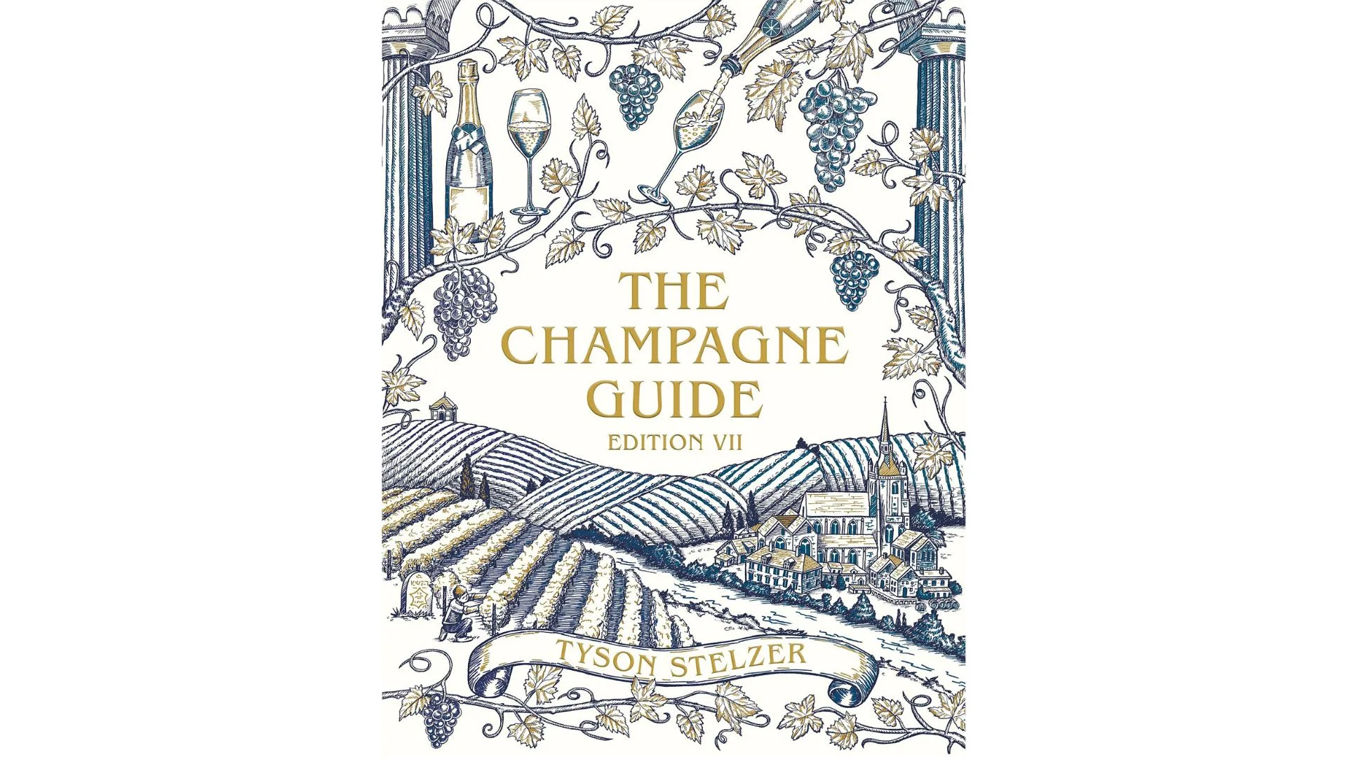 A white, blue and gold book with an illustration of the French ountryside, complete with vineyards