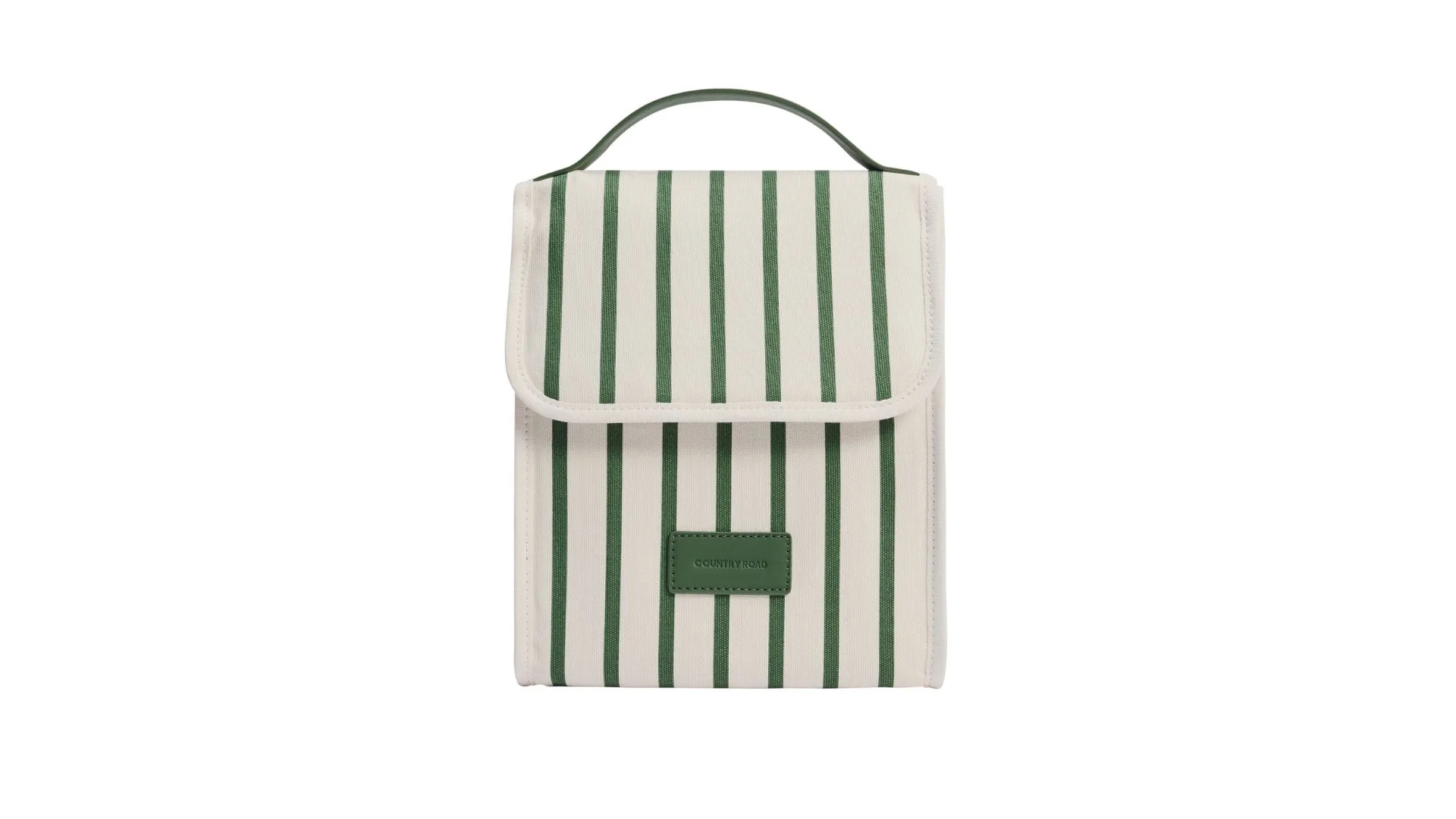 A striped white and green lunch bag