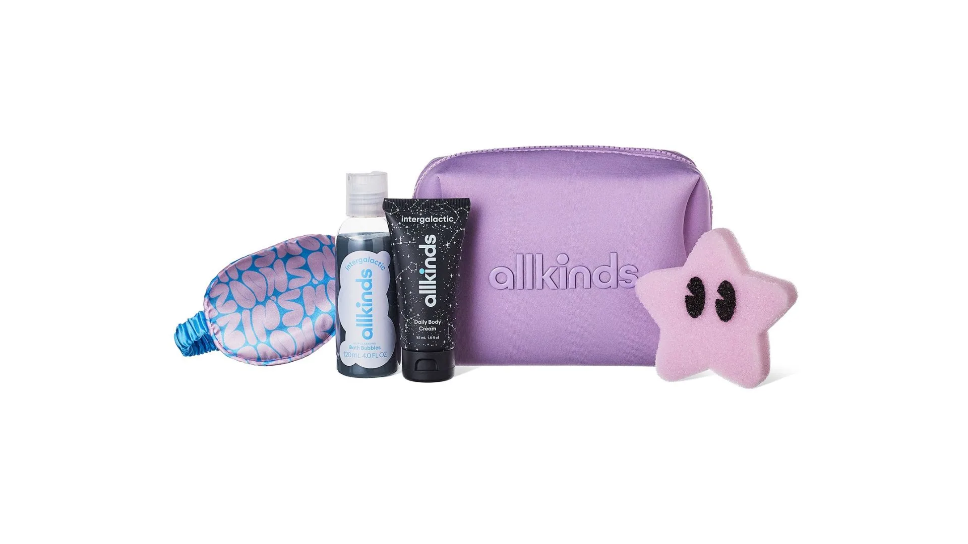 A travel pack of toiletry essentials with purple and black colours, perfect for Christmas gift ideas