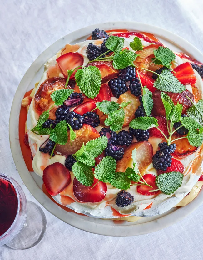 Pavlova with seasonal berries on top at Chiswick restaurant