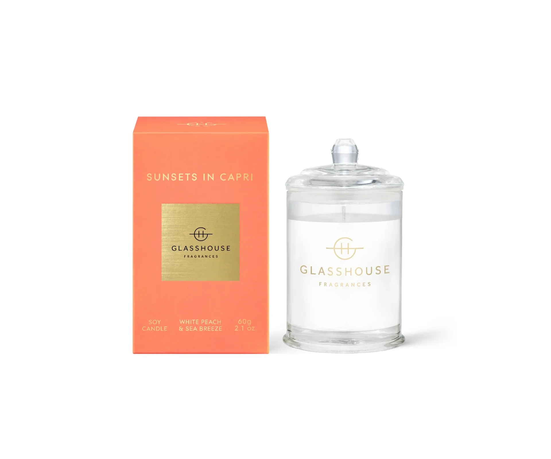 Glasshouse Fragrances 'Sunsets In Capri' candle in White Peach & Sea Breeze 